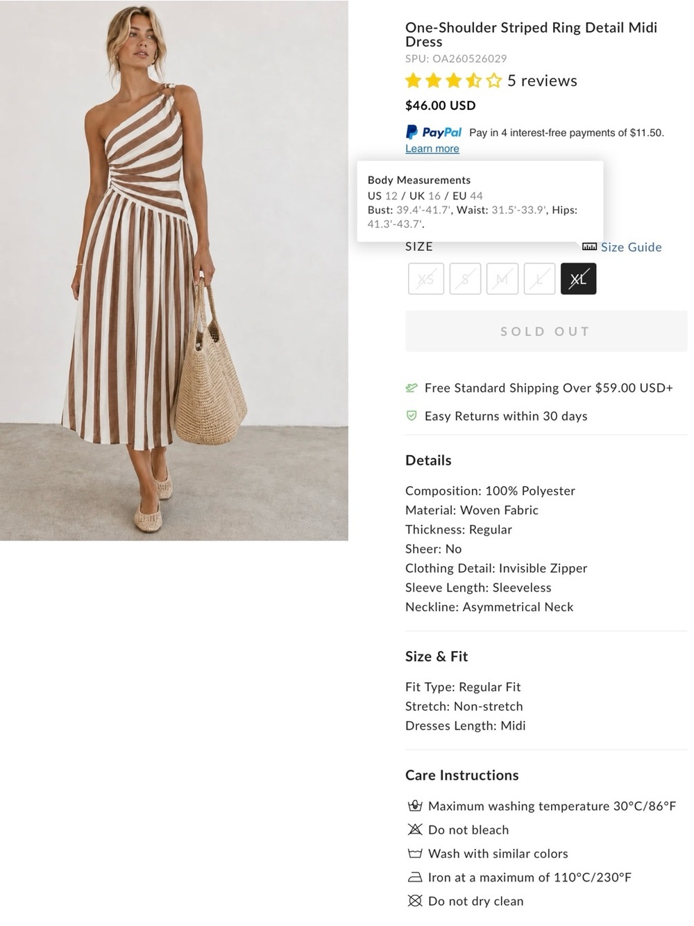 Commense One-Shoulder Striped Ring Detail Midi Dress in Brown and White - XL - Picture 2 of 9